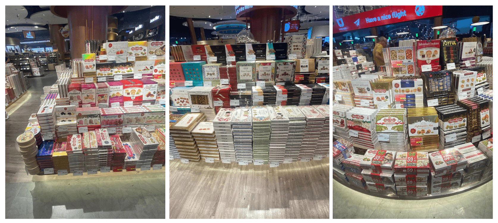 Display of assorted boxed Turkish delights, baklava, and sweets at a travel retail store.