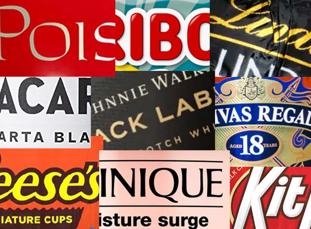 Logos of popular brands in travel retail including Reece's, Bacardi, Clinique and Haribo.