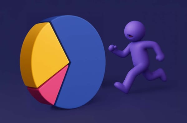 3D purple character running after a colourful 3D pie chart with three segments..