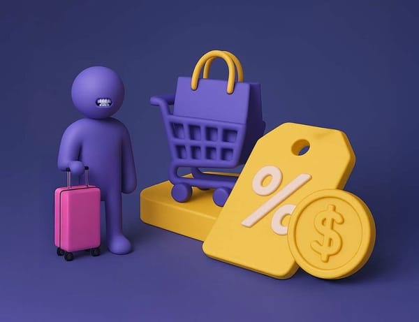 Concept image of a price-conscious traveller standing near oversized shopping icons like a cart, discount tag, and dollar coin.